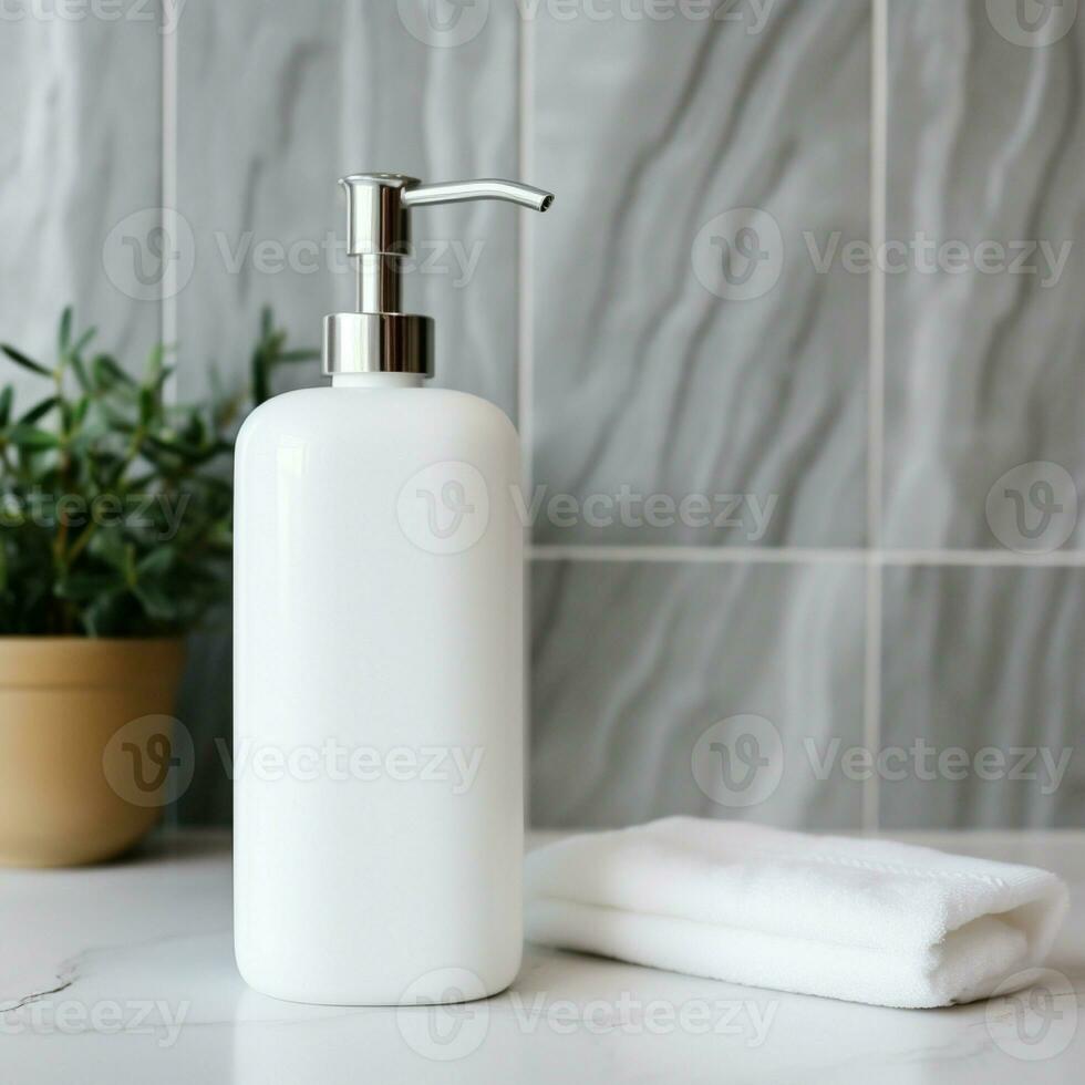 AI generated Soap bottle in blank white color, on the bath room photo