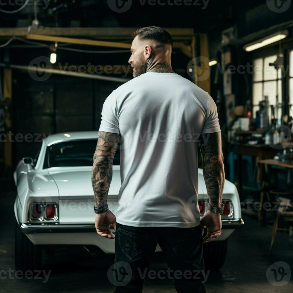 AI generated A muscle man standing behind a muscle car. man wearing blank white t-shirt photo