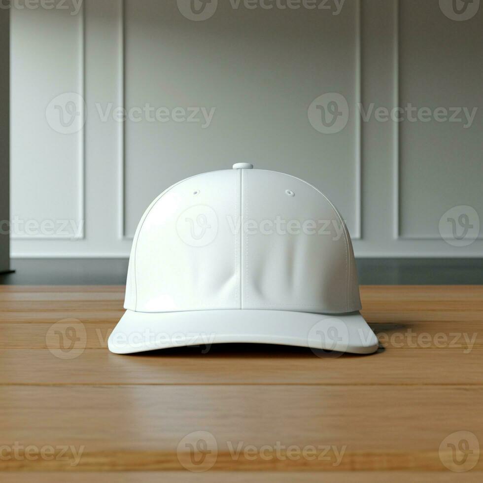 AI generated Blank white cap on the wood floor photo