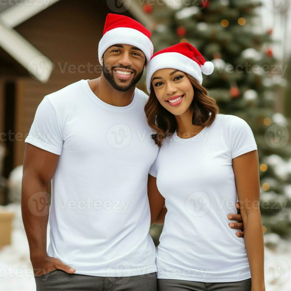 AI generated A couple with santa claus hats wearing white t-shirts with christmas tree and snow in the background photo