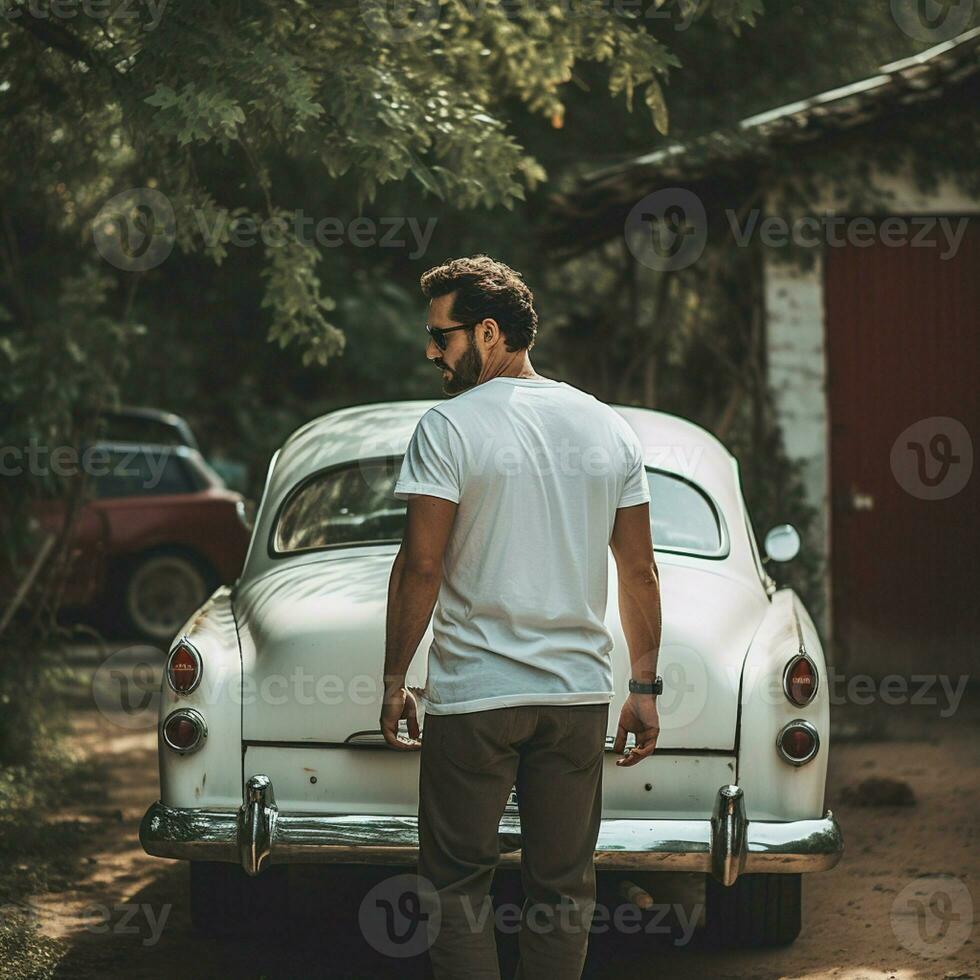 ai generado un hombre en el espalda de un antiguo auto, vistiendo un blanco blanco camiseta foto