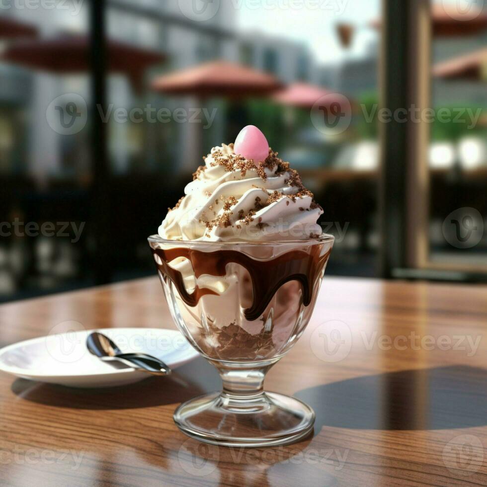AI generated a cup of gelato on the glass. on the cafe table photo