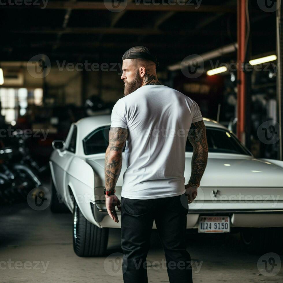 AI generated A muscle man standing behind a muscle car. man wearing blank white t-shirt photo