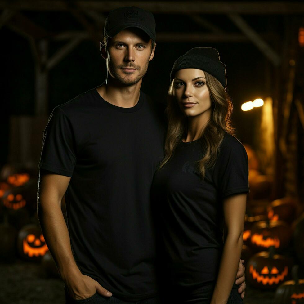 AI generated a beautiful couple wearing black shirts, with background of scary halloween lights photo
