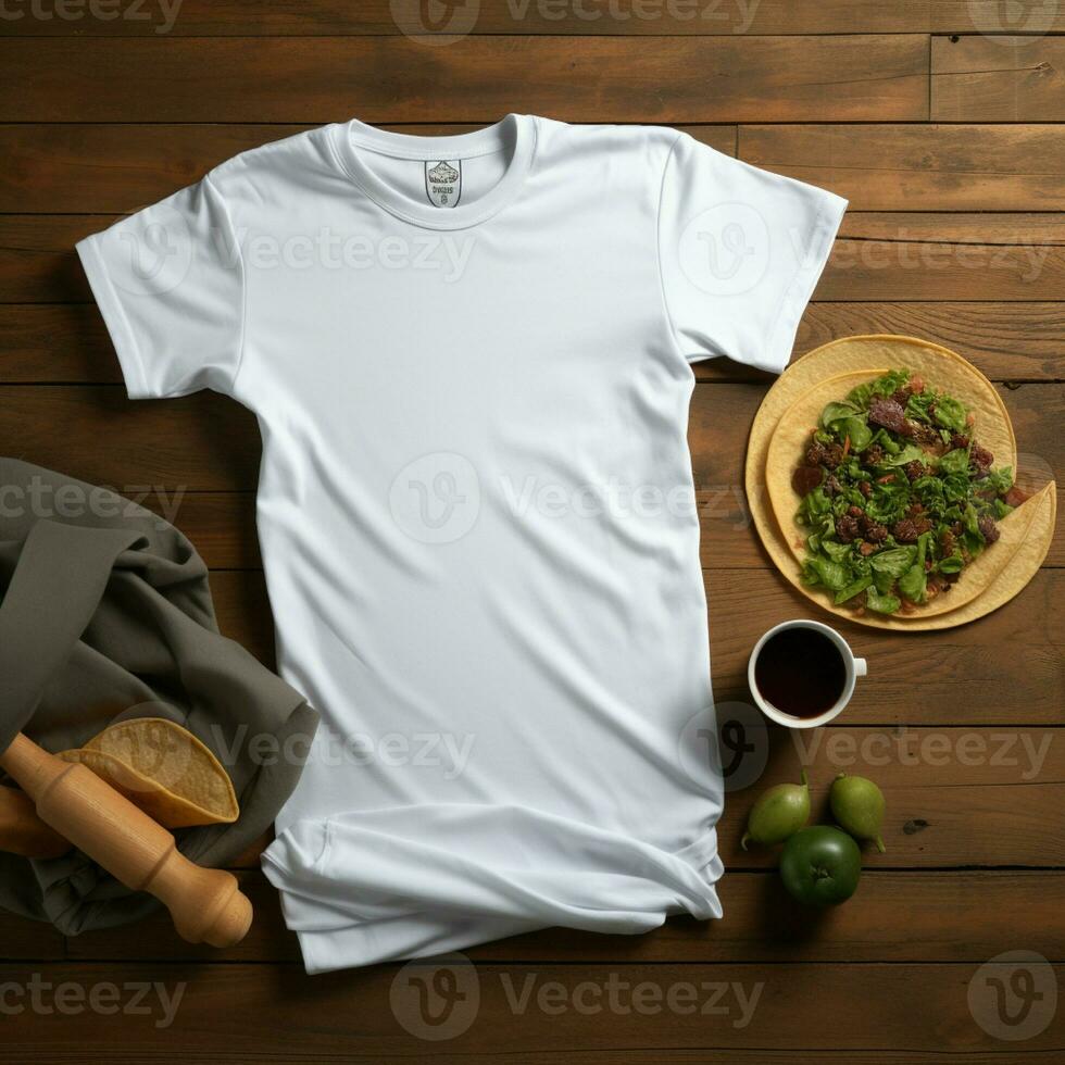 ai generado blanco blanco t - camisa acostado en un dormido posición en un mesa, arriba ver con varios tacos comida foto