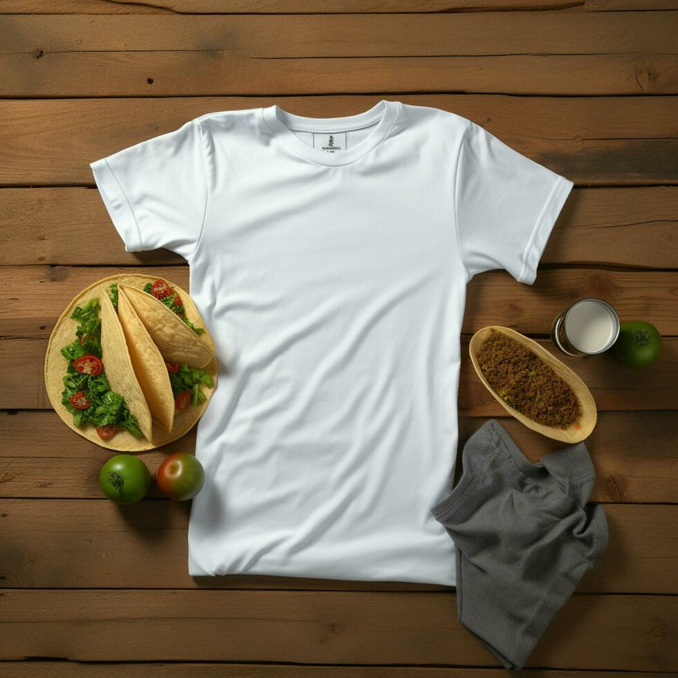 AI generated Blank white t - shirt lying in a sleeping position on a table, up view with several tacos food photo