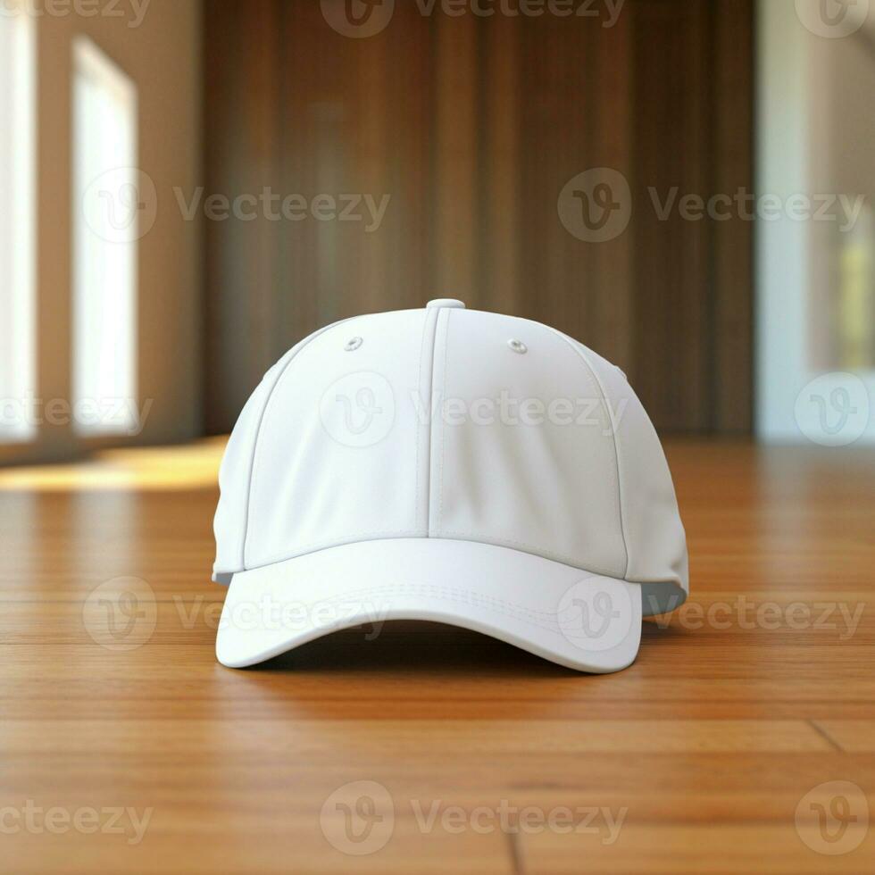 AI generated Blank white cap on the wood floor photo