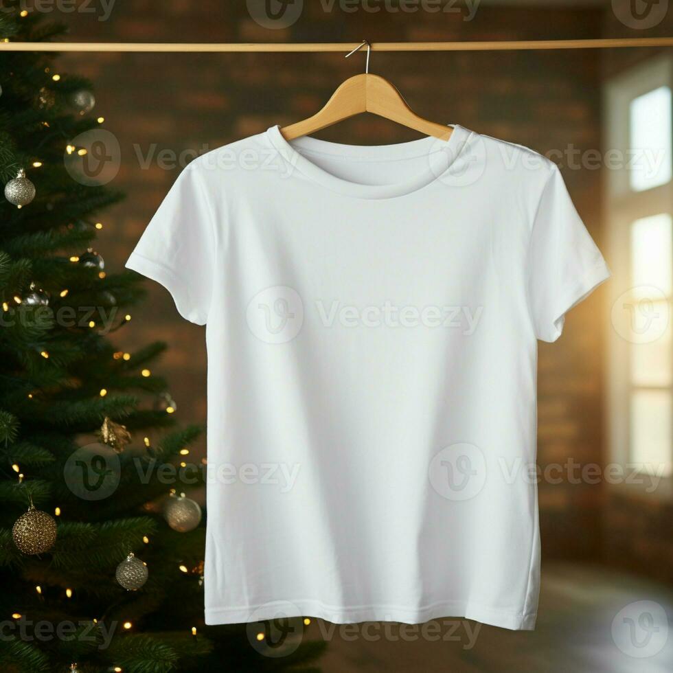 AI generated White blank t - shirt hanging on the christmas tree photo