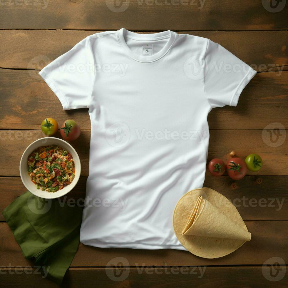 AI generated Blank white t - shirt lying in a sleeping position on a table, up view with several tacos food photo