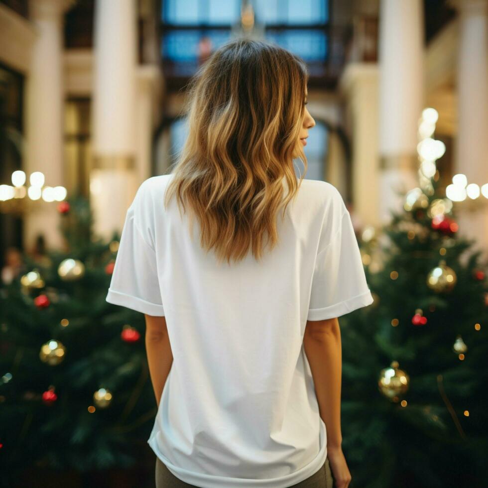 AI generated Girl wearing white oversize t - shirt in front of christmas trees. Back view photo