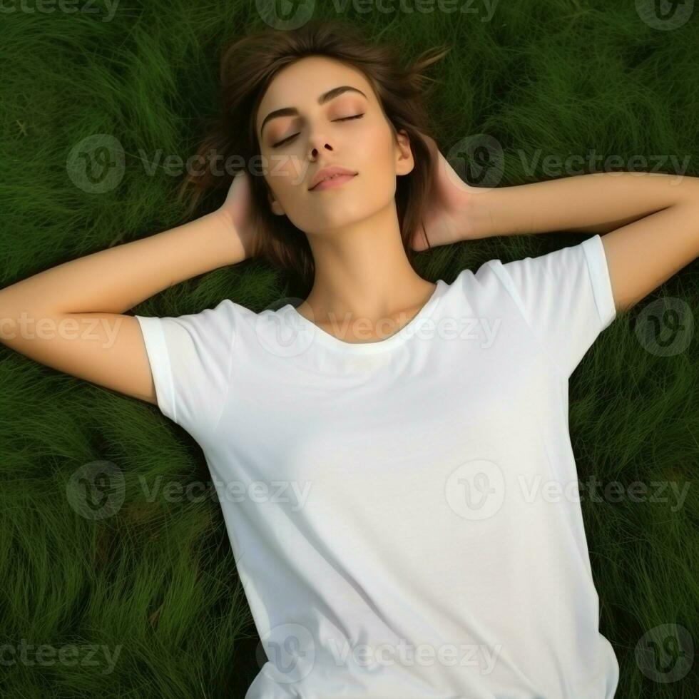 AI generated Girl relax in sleep position on the grass wearing blank white t - shirt, summer time photo