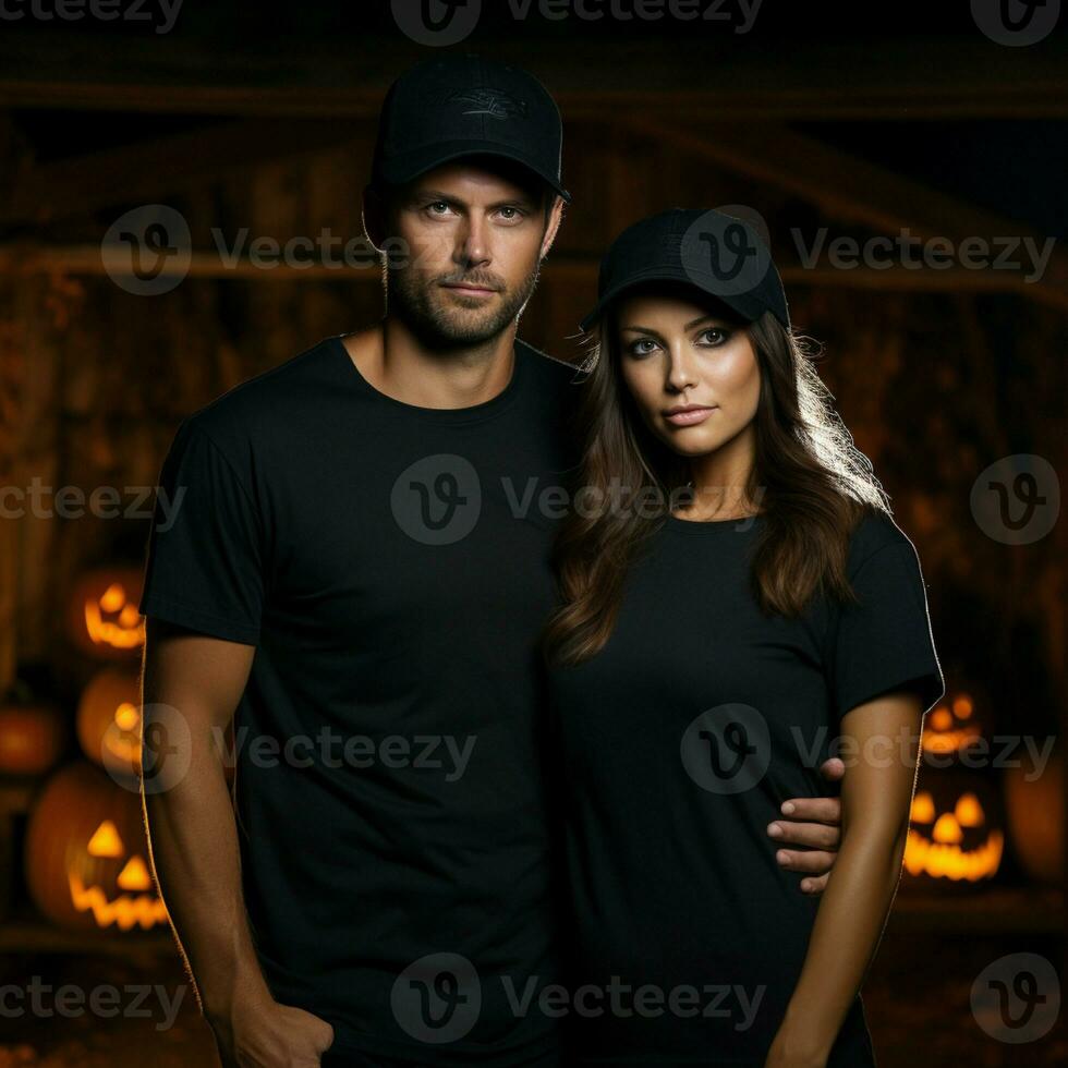 AI generated a beautiful couple wearing black shirts, with background of scary halloween lights photo