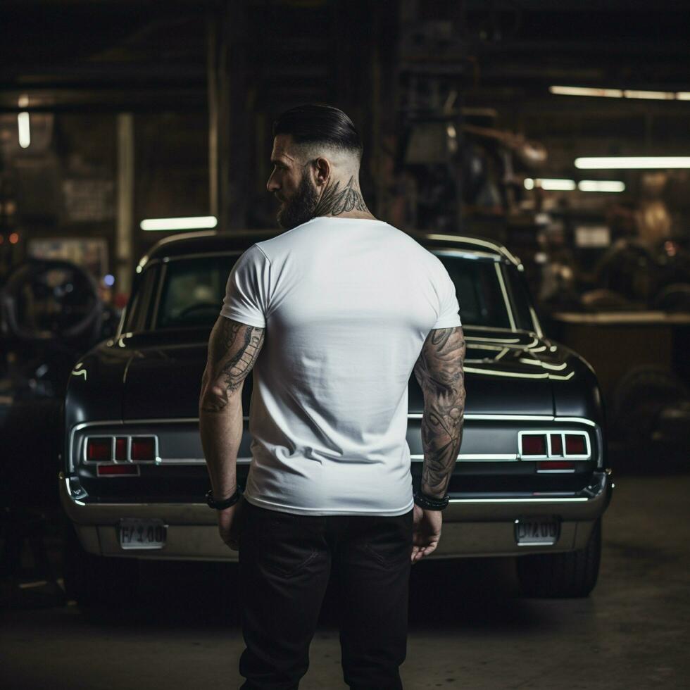 ai generado un músculo hombre en pie detrás un músculo coche. hombre vistiendo blanco blanco camiseta foto