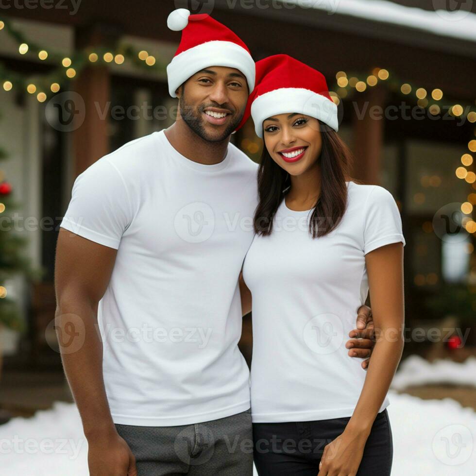 AI generated A couple with santa claus hats wearing white t-shirts with christmas tree and snow in the background photo