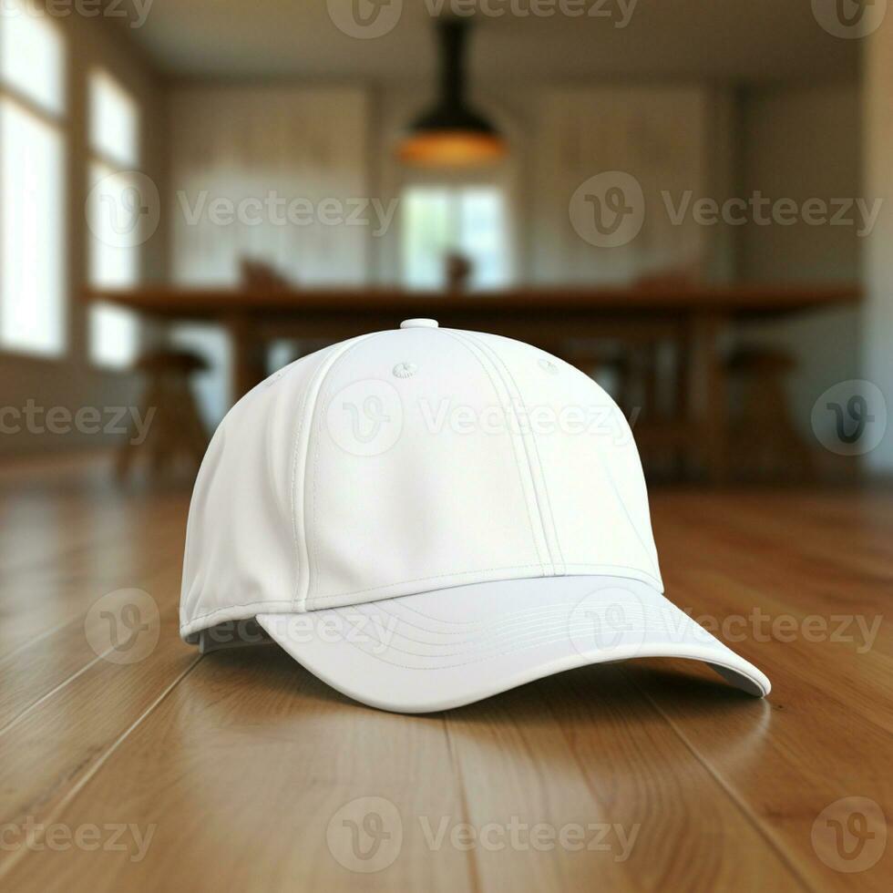 AI generated Blank white cap on the wood floor photo