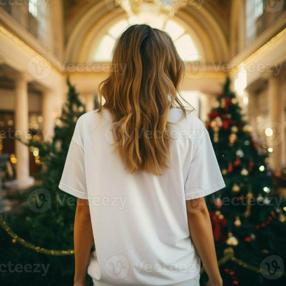 ai generado niña vistiendo blanco demasiado grande t - camisa en frente de Navidad arboles espalda ver foto