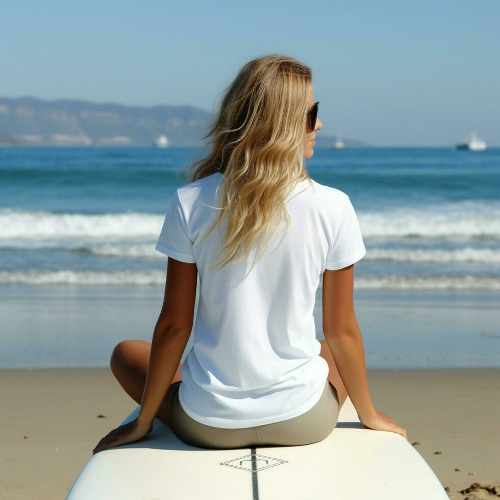 AI generated Girl sit on the surfing board, beach view, blank white t - shirt, back view photo