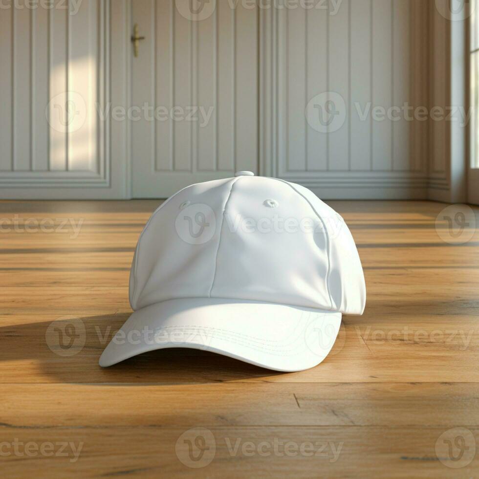 ai generado blanco blanco gorra en el madera piso foto