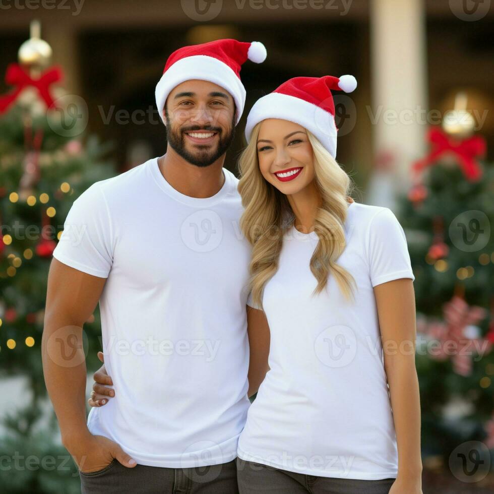 AI generated A couple with santa claus hats wearing white t-shirts with christmas tree and snow in the background photo