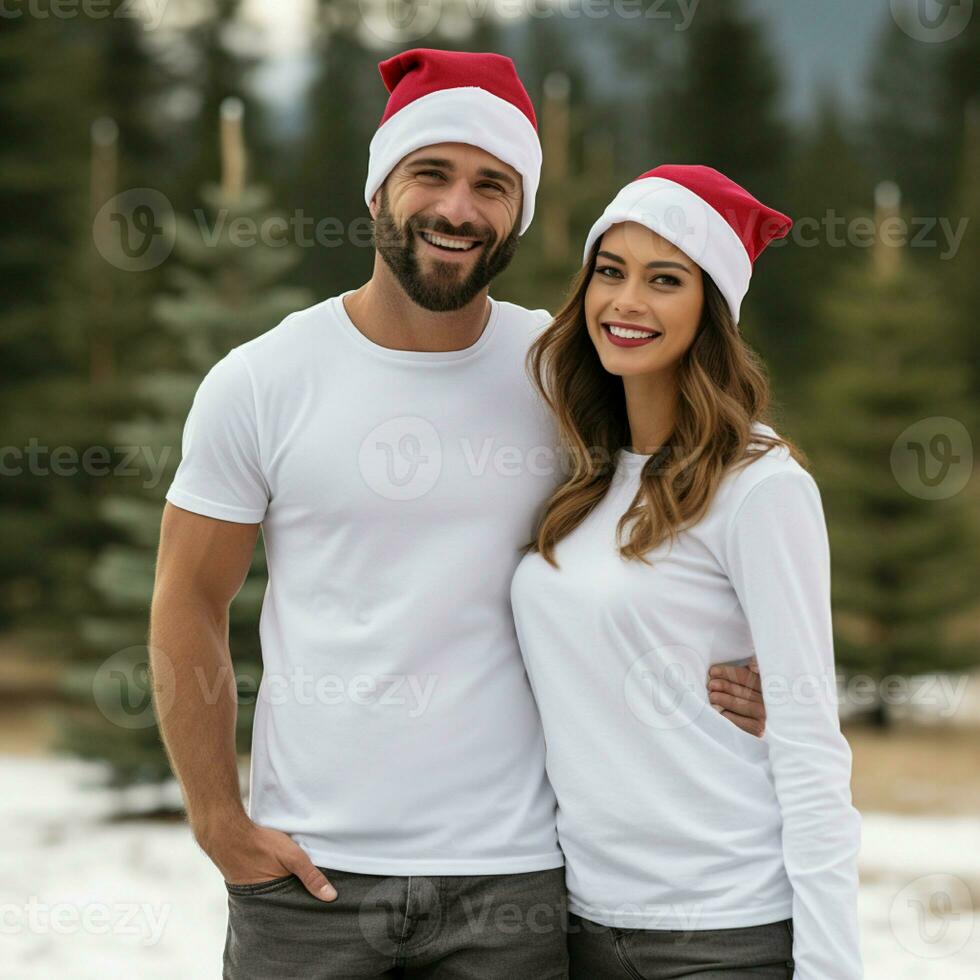 AI generated A couple with santa claus hats wearing white t-shirts with christmas tree and snow in the background photo