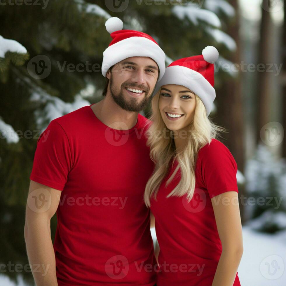 AI generated a beautiful couple, both are wearing red t-shirts and Santa Christmas hats photo