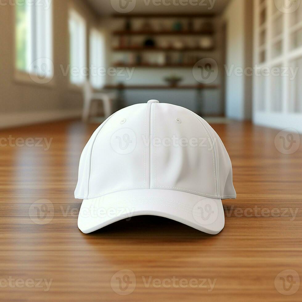 ai generado blanco blanco gorra en el madera piso foto