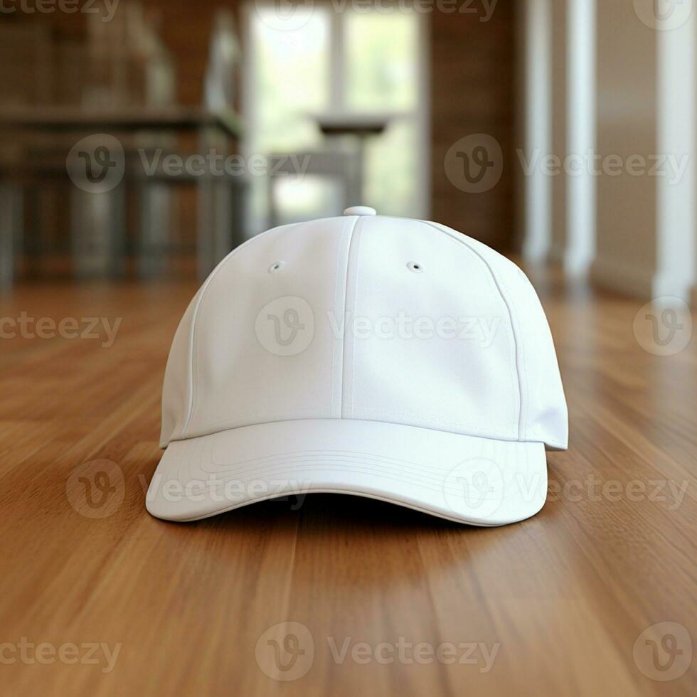 AI generated Blank white cap on the wood floor photo