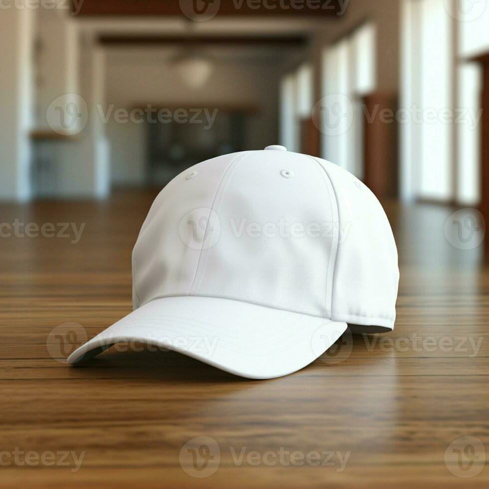 AI generated Blank white cap on the wood floor photo