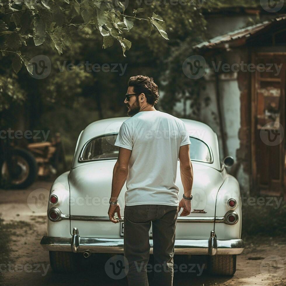AI generated a man in the back of an old car, wearing a blank white t-shirt photo
