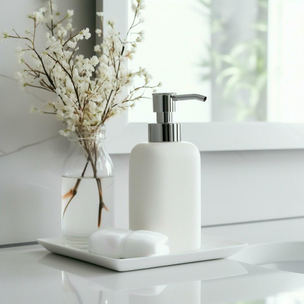 AI generated Soap bottle in blank white color, on the bath room photo