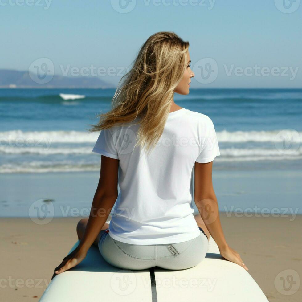 Ai generated girl sit on the surfing board beach view blank white t