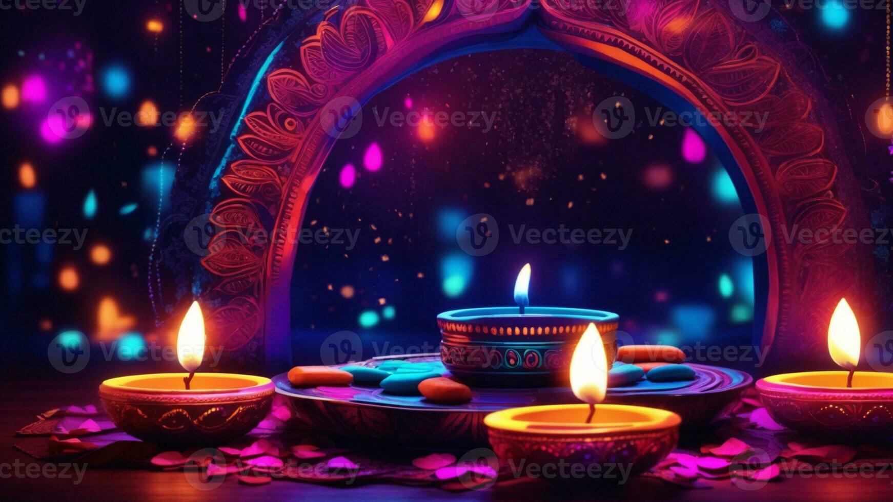 A modern Diwali background with a fusion of bright neon lights and Indian traditional elements AI Generative photo