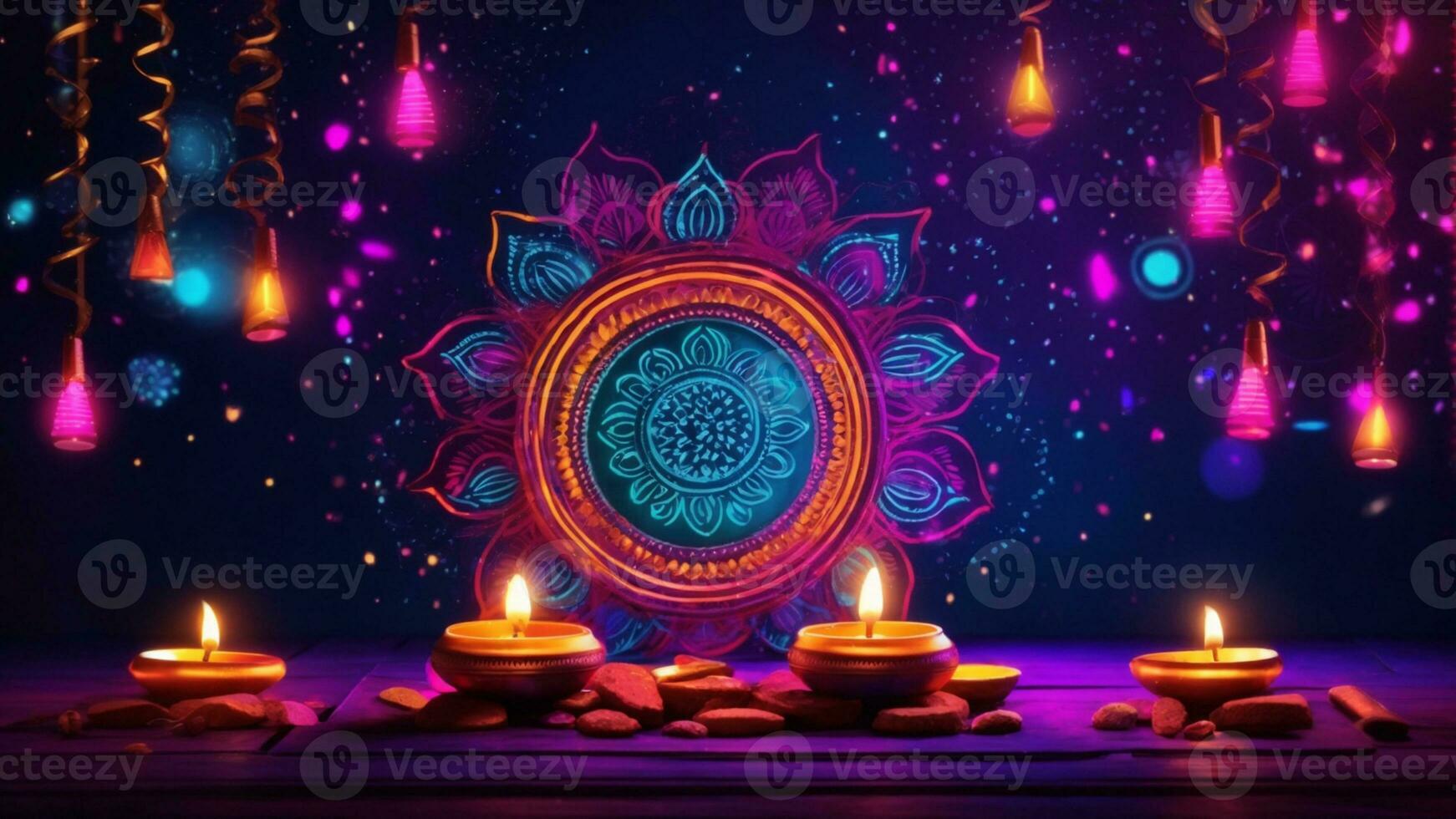 A modern Diwali background with a fusion of bright neon lights and Indian traditional elements AI Generative photo