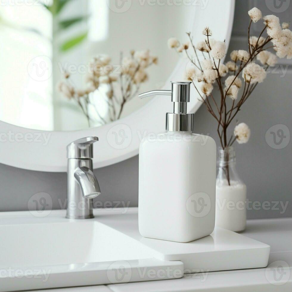 AI generated Soap bottle in blank white color, on the bath room photo