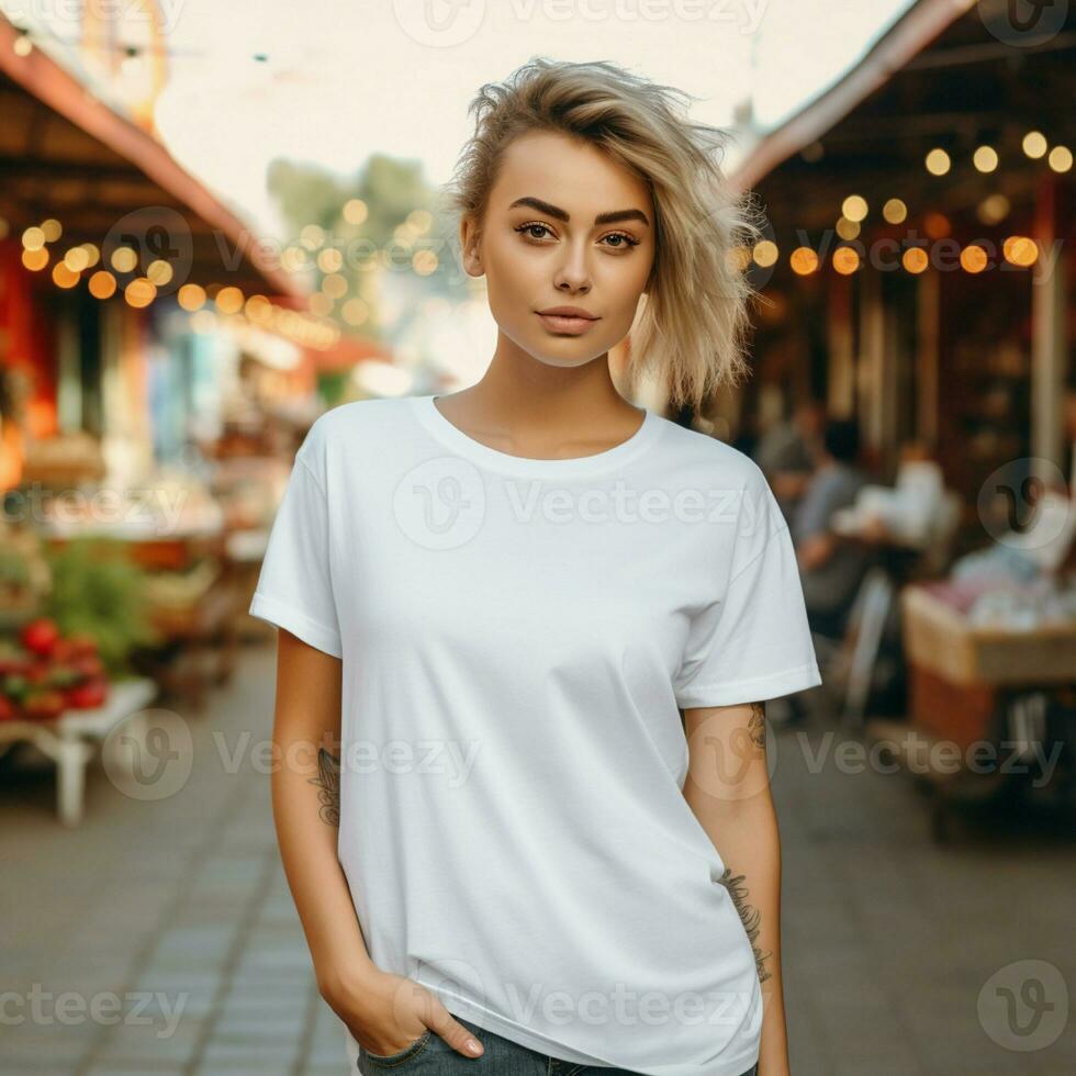 AI generated Women wearing an blank white oversize t - shirt. she is wearing shorts. local market background. photo