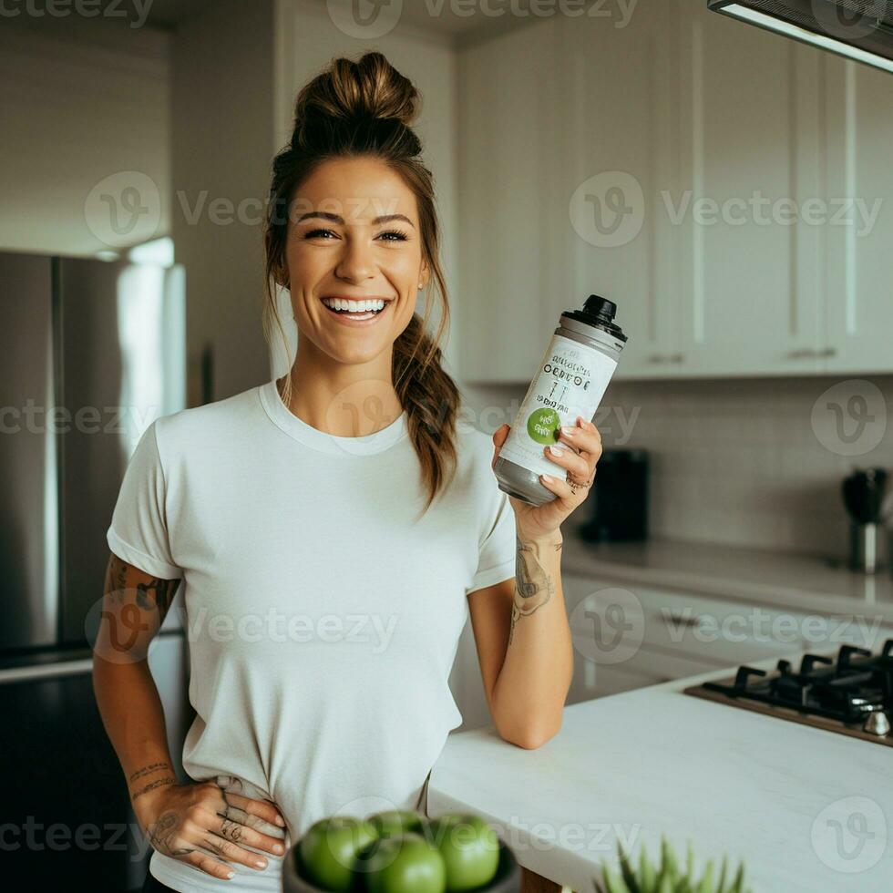 AI generated Brunette woman wearing blank white t-shirt and holding a bottle, in modern kitchen photo