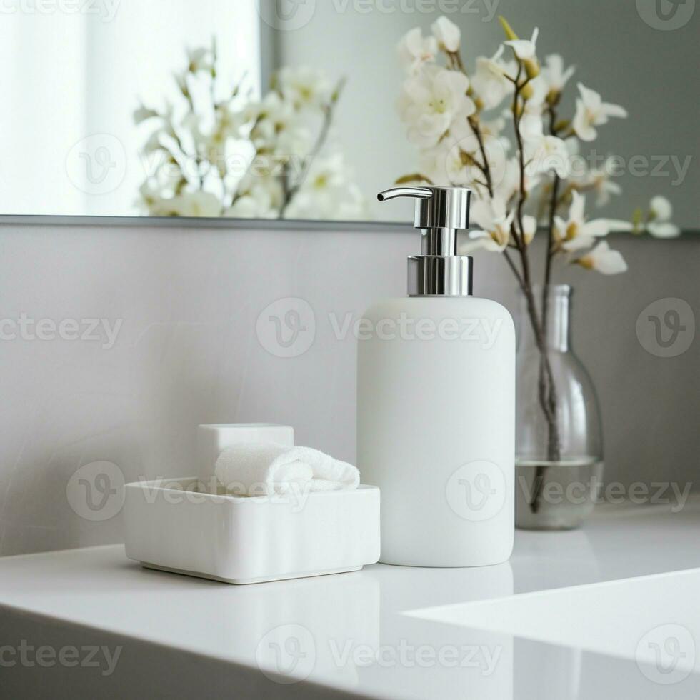 AI generated Soap bottle in blank white color, on the bath room photo