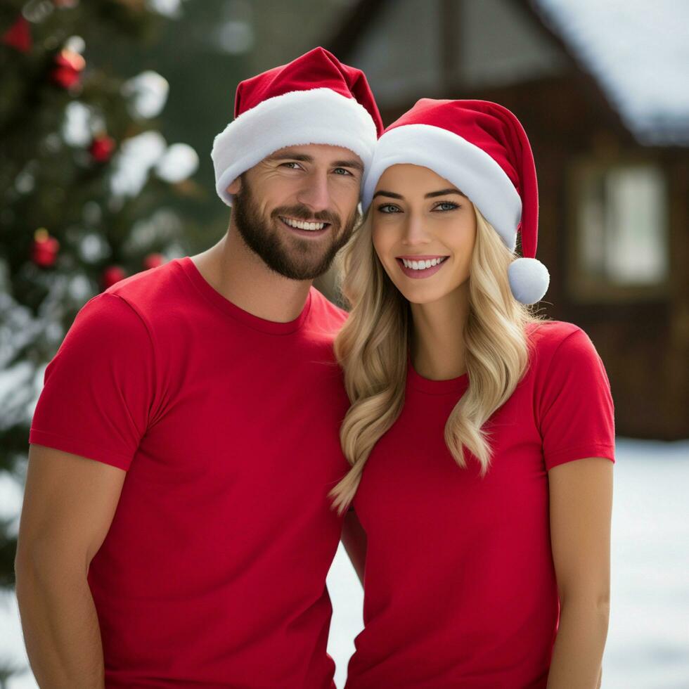 AI generated a beautiful couple, both are wearing red t-shirts and Santa Christmas hats photo