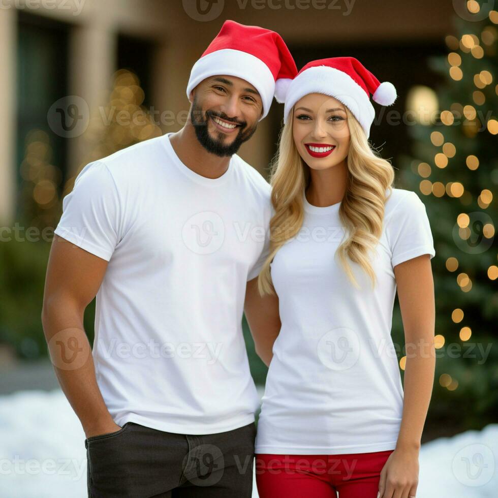 AI generated A couple with santa claus hats wearing white t-shirts with christmas tree and snow in the background photo