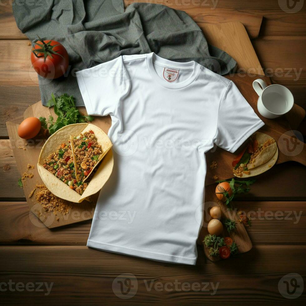 AI generated Blank white t - shirt lying in a sleeping position on a table, up view with several tacos food photo