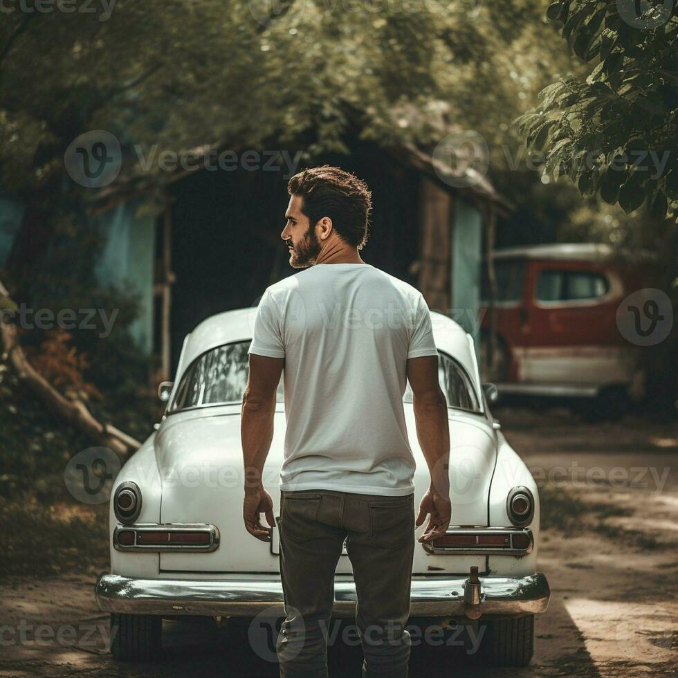 ai generado un hombre en el espalda de un antiguo auto, vistiendo un blanco blanco camiseta foto