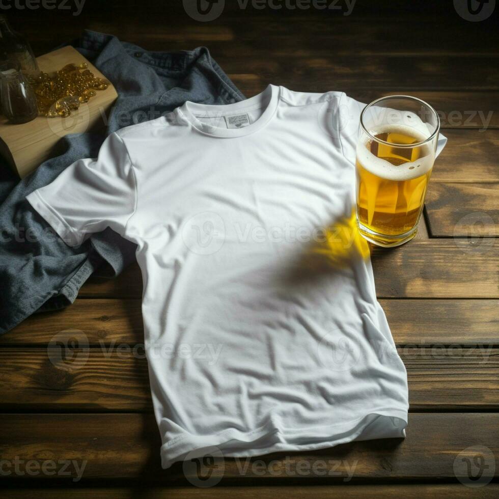 AI generated Blank white t - shirt lying in a sleeping position on a table and are several glass of beer photo