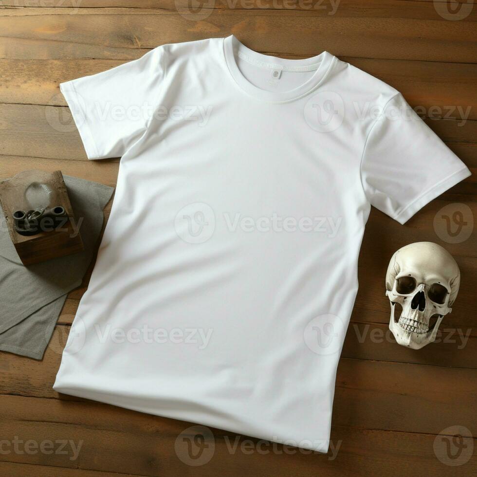 AI generated a blank white t - shirt lying in a sleeping position on a table, up view, beside it a skull photo