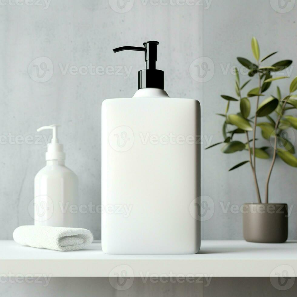 AI generated Soap bottle in blank white color, on the bath room photo