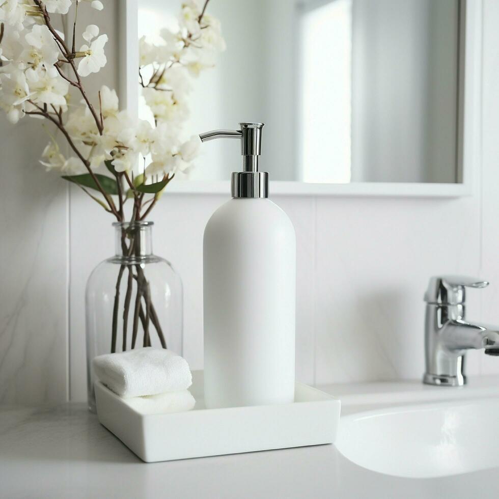 AI generated Soap bottle in blank white color, on the bath room photo