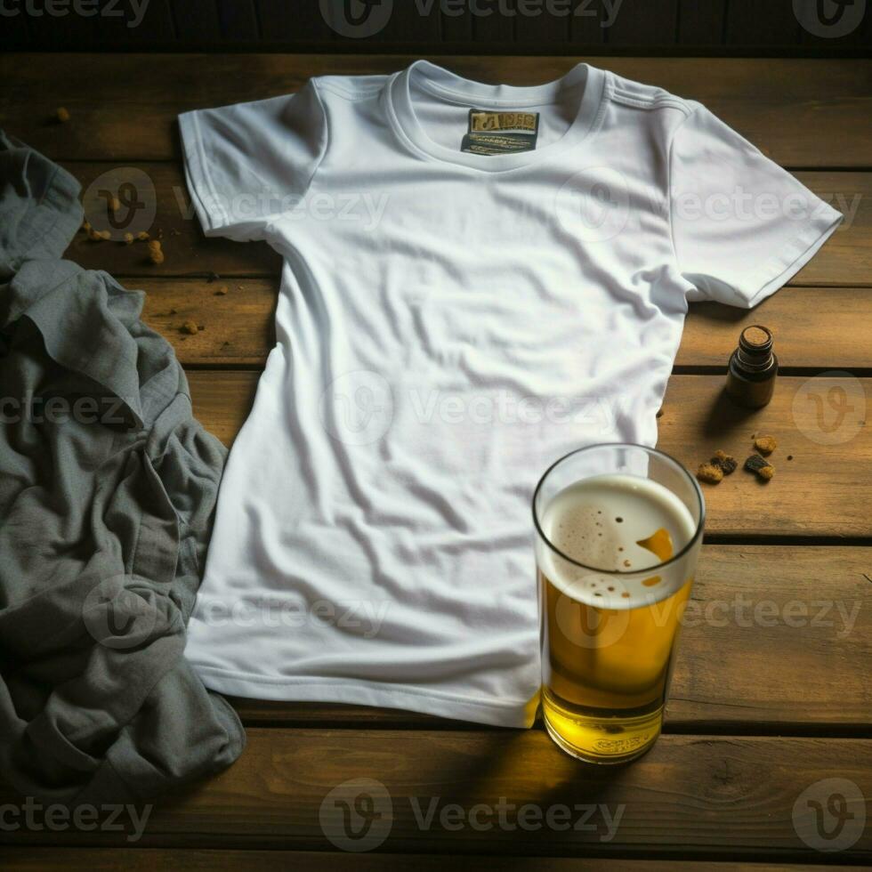 AI generated Blank white t - shirt lying in a sleeping position on a table and are several glass of beer photo