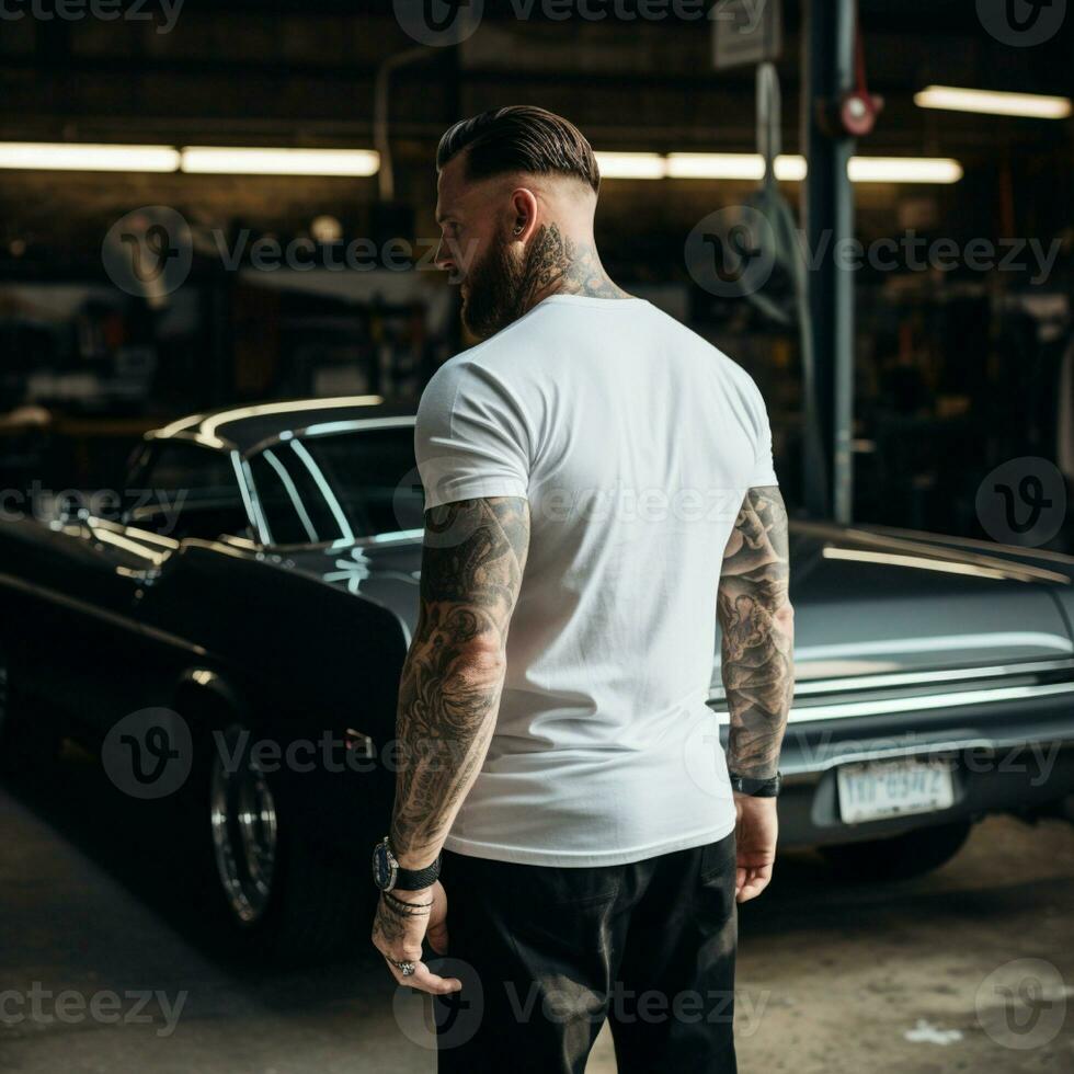 AI generated A muscle man standing behind a muscle car. man wearing blank white t-shirt photo