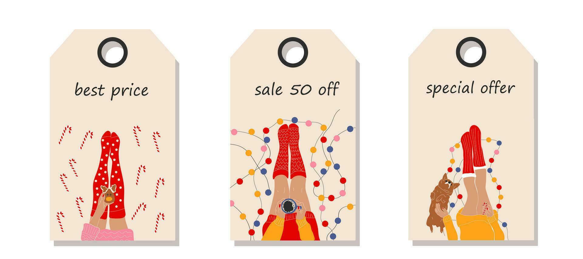 Vector set of discount price tags. Labels with  female legs in Christmas socks, with a garland, a cup of coffee, Christmas cookies and Christmas candy, and with corgi dog. Template for shopping tags.