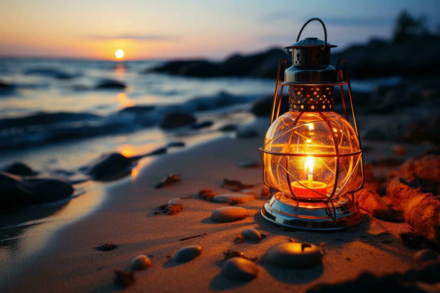 Christmas lantern on the beach Generative AI photo