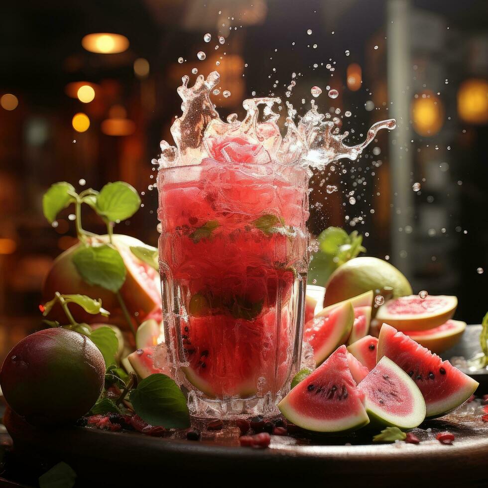 Tasty watermelon juice on a wooden table Generative AI photo